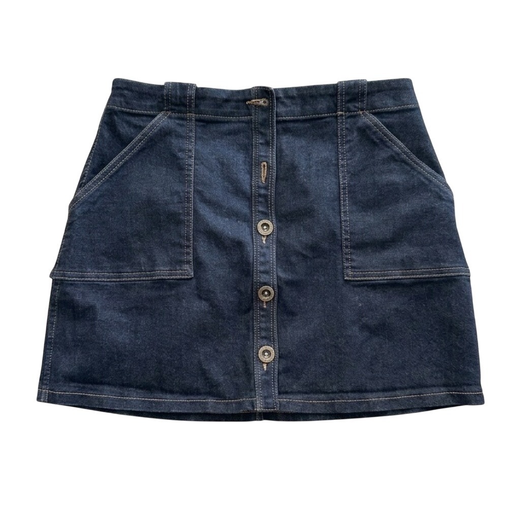 Banana Republic Button Front Denim Mini Skirt Dark Wash Patch Pockets